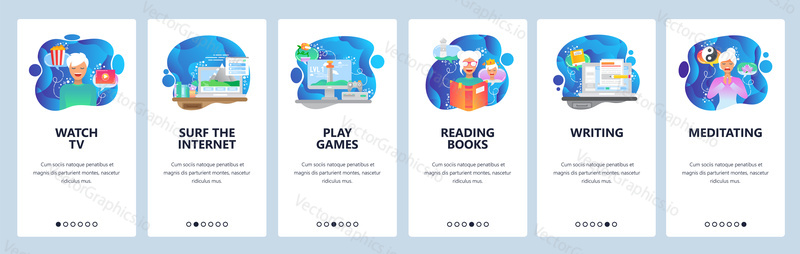 Mobilní aplikace onboarding obrazovky. Kino, čtení knih, hraní her, zenová meditace. Nabídka vektorový banner šablona pro webové stránky a mobilní vývoj. Design webových stránek plochý ilustrace.