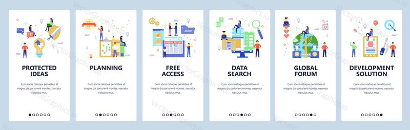Onboarding for web site, mobile app. Menu banner vector template for website and application development. Protected ideas, Planning, Free access, Data search walkthrough screens. Flat style design.