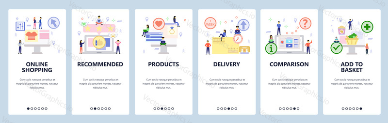 Mobile app onboarding screens. Online shopping, buy grocery on internet, fast delivery. Menu vector banner template for website and mobile development. Web site design flat illustration.