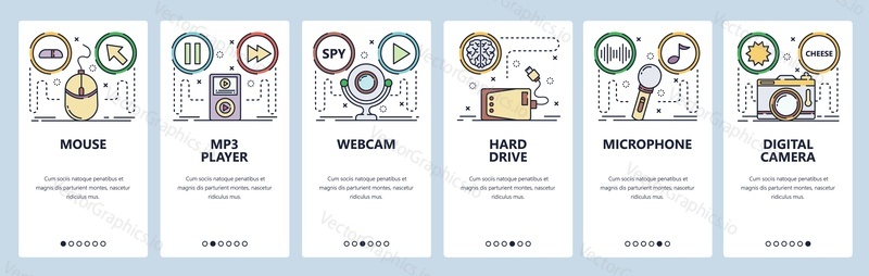 Mobile app onboarding screens. Computer hardware and home electronics, music player, digital camera, microphone. Menu vector banner template for website and mobile development. Web site design flat illustration.