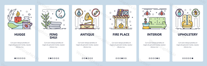 Mobile app onboarding screens. Home interior, hugge, house decoration and furniture. Menu vector banner template for website and mobile development. Web site design flat illustration.