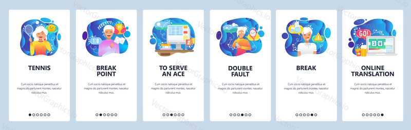 Mobile app onboarding screens. Sport icons, tennis racket, break point. Menu vector banner template for website and mobile development. Web site design flat illustration.
