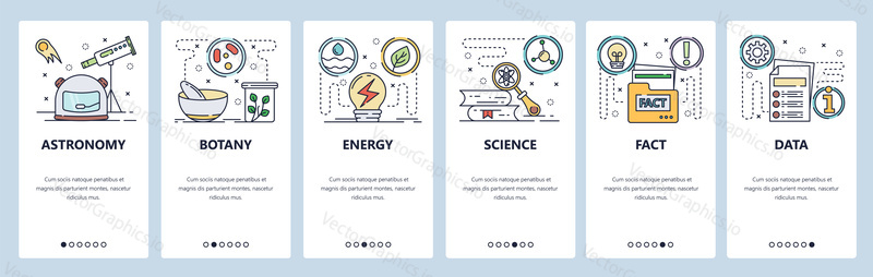 Onboarding pro webové stránky a mobilní aplikace. Menu banner vektorová šablona pro vývoj webových stránek a aplikací. Astronomie Botanika Energetika Fakta Data návod obrazovky. Tenká linie umění plochý styl.