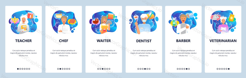 Mobile app onboarding screens. Different professions, teacher, chef, female waiter, man dentist, barber. Menu vector banner template for website and mobile development. Web site design flat illustration.