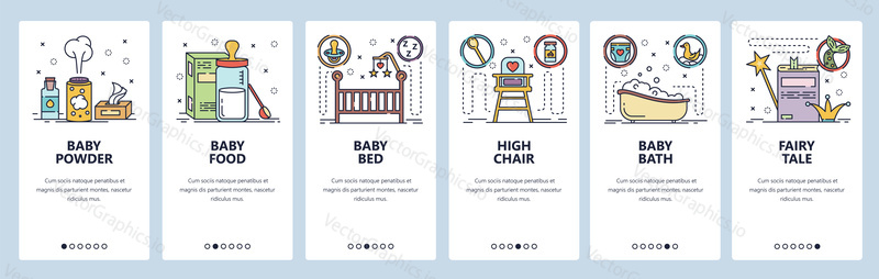 Mobile app onboarding screens. New born baby room, milk formula, baby bed and bath. Menu vector banner template for website and mobile development. Web site design flat illustration.