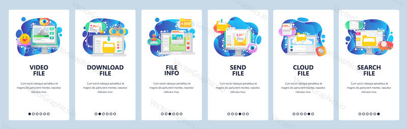 Mobilní aplikace onboarding obrazovky. Výpočetní technika, stáhnout soubor, odeslat e-mail, cloudové úložiště, vyhledávání. Nabídka vektorový banner šablona pro webové stránky a mobilní vývoj. Design webových stránek plochý ilustrace.