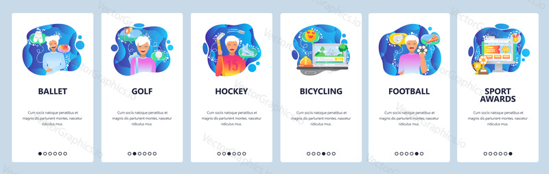 Mobilní aplikace onboarding obrazovky. Sportovní hráči, balet, fotbal, golf, lední hokej. Nabídka vektorový banner šablona pro webové stránky a mobilní vývoj. Design webových stránek plochý ilustrace.