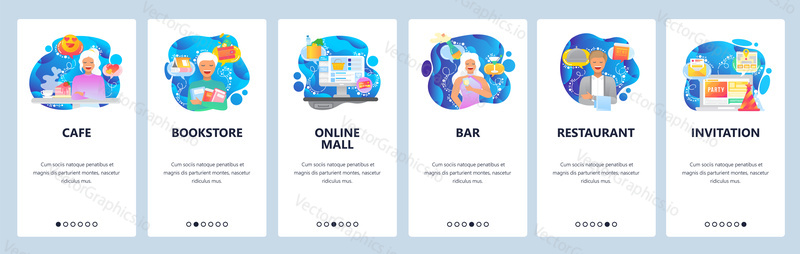 Onboarding for web site and mobile app. Menu banner vector template for website and application development. Cafe, Bookstore, Online mall, Restaurant, Bar, Invitation screens with blue abstract shapes