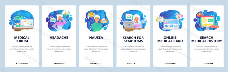 Mobile app onboarding screens. Sick female patient, headache, nausea, search symptoms. Menu vector banner template for website and mobile development. Web site design flat illustration.