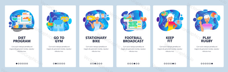 Mobile app onboarding screens. Fitness, diet and healthy lifestyle. Football and soccer game. Menu vector banner template for website and mobile development. Web site design flat illustration.