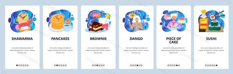 Mobile app onboarding screens. Breakfast food, doner, pancakes, brownie cake, sushi. Menu vector banner template for website and mobile development. Web site design flat illustration.