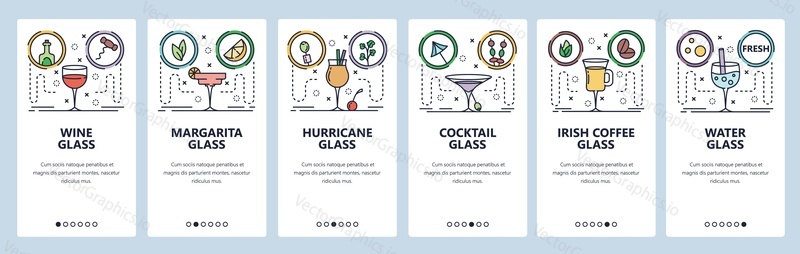 Mobile app onboarding screens. Different drink glasses for wine, cocktail, coffee, water. Menu vector banner template for website and mobile development. Web site design flat illustration.