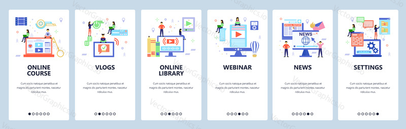Vlogger web site and mobile app onboarding screens. Menu banner vector template for website and application development. Flat style design.