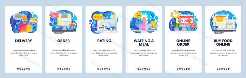 Mobile app onboarding screens. Order meal online, food delivery service, deliveryman. Menu vector banner template for website and mobile development. Web site design flat illustration.