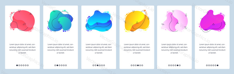 Website and mobile app onboarding screens. Menu banner vector template for web site and application development with trendy pink, blue, yellow and purple gradient abstract dynamic fluid shapes.