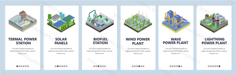 Mobile app onboarding screens. Energy generation industry, power plant, solar panels, wind fields. Menu vector banner template for website and mobile development. Web site design flat illustration.