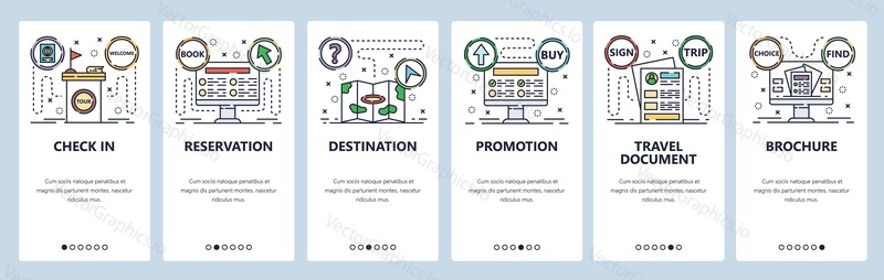 Mobile app onboarding screens. Travel documents, book a tour, buy online. Menu vector banner template for website and mobile development. Web site design flat illustration.