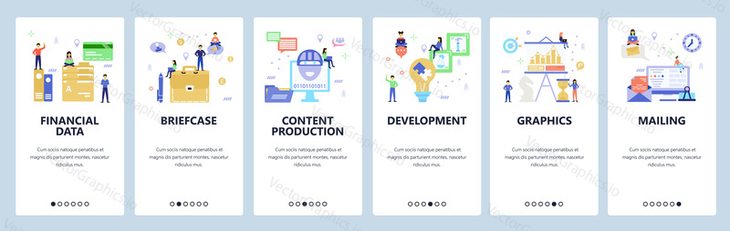 Onboarding pro web, mobilní aplikace. Menu banner vektorová šablona pro vývoj webových stránek a aplikací. Produkce obsahu, vývoj, grafika Poštovní další průchozí obrazovky. Plochý design