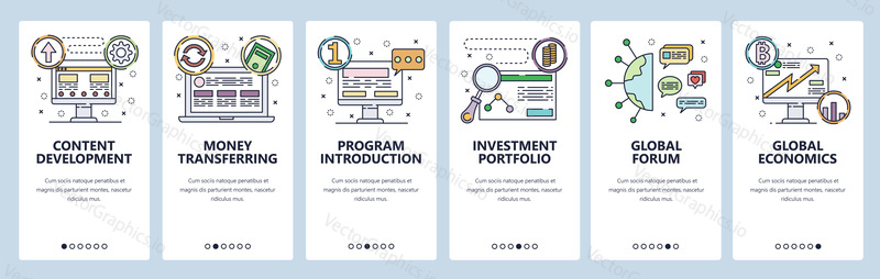 Global forum, economics, investment portfolio web site and mobile app onboarding screens. Menu banner vector template for website and application development. Thin line art flat style.