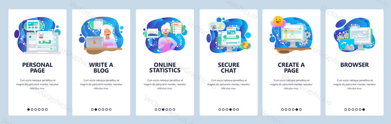 Mobilní aplikace onboarding obrazovky. Napište blog a vytvořte osobní web, bezpečný chat, online statistiky. Nabídka vektorový banner šablona pro webové stránky a mobilní vývoj. Design webových stránek plochý ilustrace.