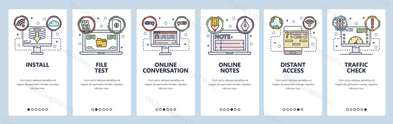 Mobilní aplikace onboarding obrazovky. Počítačová technologie, online poznámky, instalace softwaru. Nabídka vektorový banner šablona pro webové stránky a mobilní vývoj. Design webových stránek plochý ilustrace.