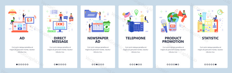 Promotion web site and mobile app onboarding screens. Menu banner vector template for website and application development. Flat style design.