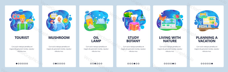 Webové stránky botaniky a mobilní aplikace onboarding obrazovky. Menu banner vektorová šablona pro vývoj webových stránek a aplikací. Studium rostlinných věd, život s přírodou, Botanická výchova a koncepce kariéry.