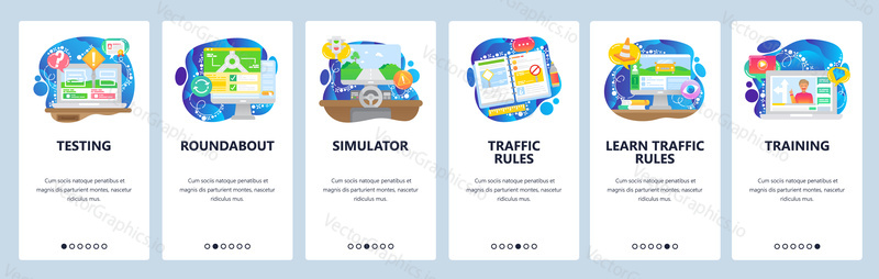 Online driving test, computer simulator, road rules book, driving license. Mobile app onboarding screens. Menu vector banner template for website and mobile development. Web site design flat illustration.