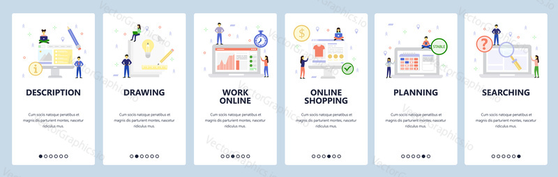 Drawing light bulb, online shopping, business chart, calendar, search information. Mobile app onboarding screens. Menu vector banner template for website and mobile development. Web site design flat illustration.