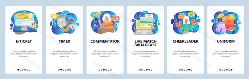 Sport female commentator, american football live broadcast, girl cheerleader, sport uniform. Mobile app screens. Vector banner template for website mobile development. Web site design illustration.