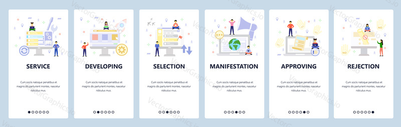 Computer repair service, global promotion, approved and denied. Mobile app onboarding screens. Menu vector banner template for website and mobile development. Web site design flat illustration.