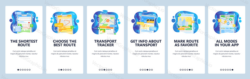 Информация и отслеживание общественного транспорта. Карта GPS-навигации с самым быстрым маршрутом. Карта в вашем телефоне. Экраны мобильных приложений. Векторный шаблон баннера для разработки веб-сайта. Иллюстрация дизайна веб-сайта.