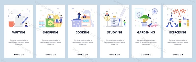 Mobile app onboarding screens. Writing, shopping, cooking, studying, exercising. Menu vector banner template for website and mobile development. Web site design flat illustration.
