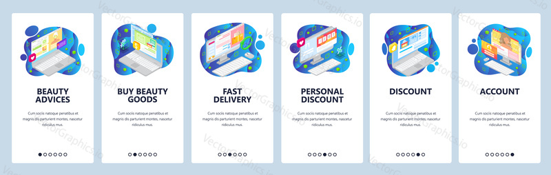 Mobile app onboarding screens. Online beauty blog and store, discount, promotion sale, account, delivery. Menu vector banner template for website and mobile development. Web site design flat illustration..