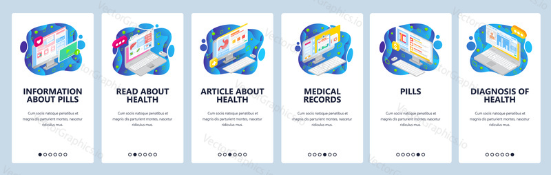 Mobile app onboarding screens. Health information and patient medical records, drugs and online pharmacy. Menu vector banner template for website and mobile development. Web site design flat illustration.