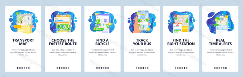 Public transport route and information. Navigation map, GPS navigation in your phone. Mobile app onboarding screens. Vector banner template website mobile development. Web site design illustration.