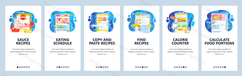 Tomato suace recipe. Day meal schedule. Find recipe online. Count calories. Mobile app onboarding screens. Menu vector banner template for website and mobile development. Web site design illustration.