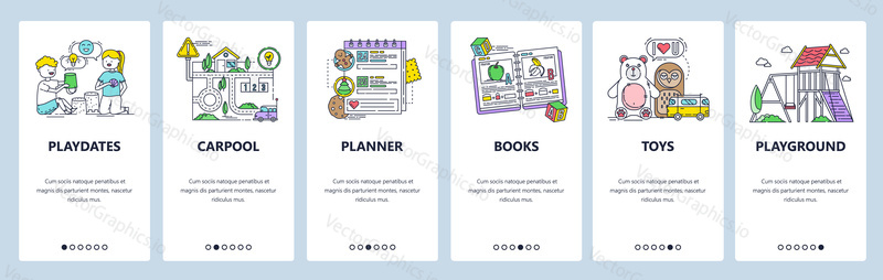Kids playground activity, children book, toys, preschool and kindergarten schedule. Mobile app onboarding screens. Vector banner template for website mobile development. Web site design illustration.