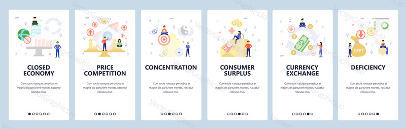Mobile app onboarding screens. Economy balance, business debt, currency exchange. Menu vector banner template for website and mobile development. Web site design flat illustration.