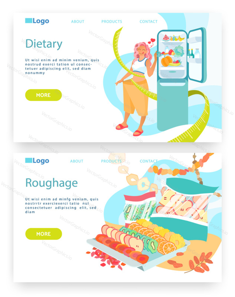 Woman opens fridge, weight loss diet. Dried fruits and berry in plastic bag. Vector web site design template. Landing page website concept illustration.