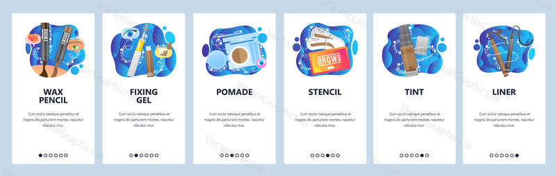 Make-up doplňky a kosmetika, kosmetický salon, vosková tužka, odstín, vložka, Pomáda. Mobilní aplikace onboarding obrazovky. Nabídka vektorový banner šablona pro webové stránky a mobilní vývoj. Design webových stránek plochý ilustrace.