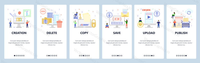 Mobile app onboarding screens. Secure file access, download and upload, typewriter, delete computer files. Menu vector banner template for website and mobile development. Web site design flat illustration.