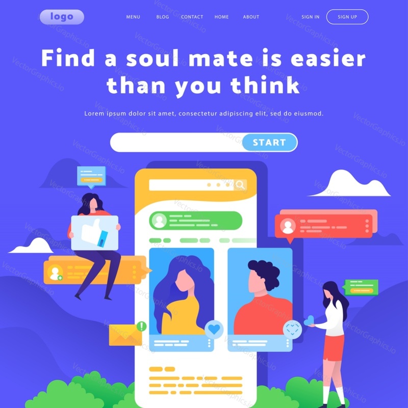 Vector web site design template. Online dating profile and chat messaging. Landing page concepts for website mobile development. Modern flat illustration.