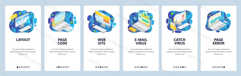 Mobile app onboarding screens. Website wireframe isometric icons, email mailware, virus error. Menu vector banner template for website and mobile development. Web site design flat illustration.