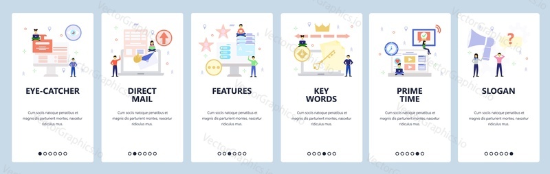 Mobile app onboarding screens. Video marketing, promotion, direct mail, keywords. Menu vector banner template for website and mobile development. Web site design flat illustration.
