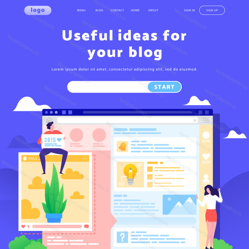 Vector web site design template. Social media and blog content, people write and share photo. Landing page concepts for website mobile development. Modern flat illustration.