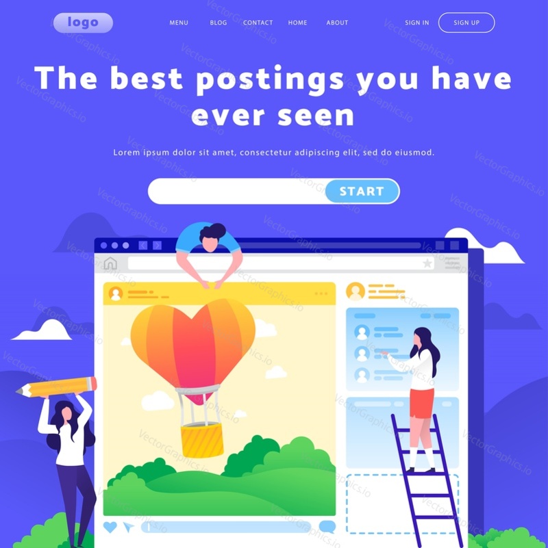Vector web site design template. Social media content and blog posting. Landing page concepts for website mobile development. Modern flat illustration.