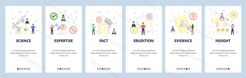 Ikony vědy a vzdělávání. Mobilní aplikace onboarding obrazovky. Nabídka vektorový banner šablona pro webové stránky a mobilní vývoj. Design webových stránek plochý ilustrace.