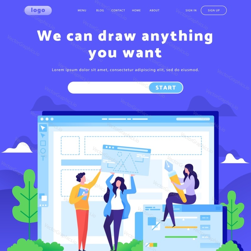 Vector web site design template. Creative team develop site wireframe. Landing page concepts for website mobile development. Modern flat illustration.