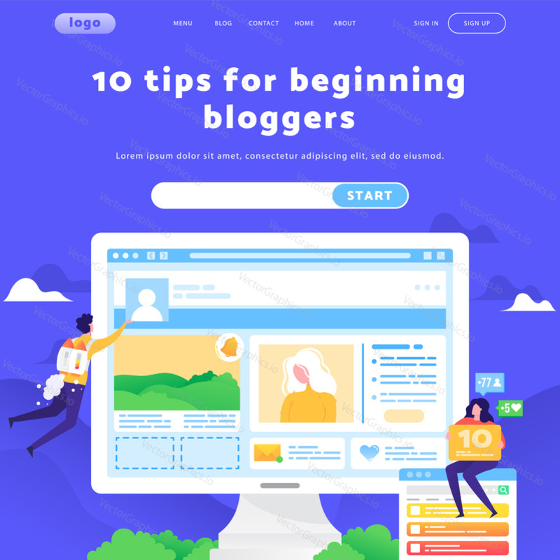 Online blog content and wireframe. Social media marketing team. Vector web site design template. Landing page website concept illustration.